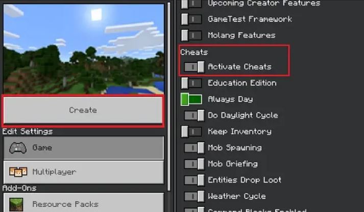 Create cheats enabled world in Minecraft Bedrock