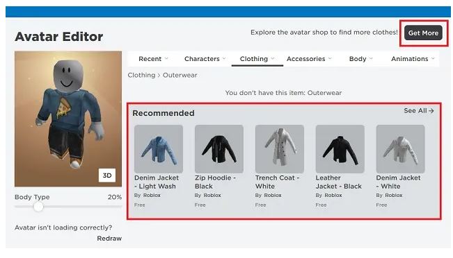 Empty clothing options Roblox Avatar Editor