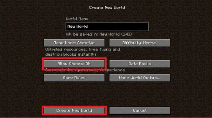 create world with cheats on Minecraft