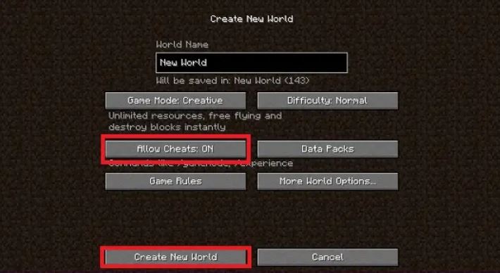 create world with cheats on Minecraft